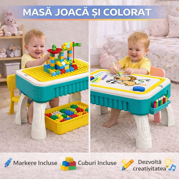 Masuta de joaca pentru copii, Multifunctionala 2 in 1, Tabla de Colorat, 5 Markere, Burete, 58 Cuburi Incluse, Bleu