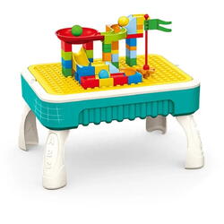 Masuta de joaca pentru copii, Multifunctionala 2 in 1, Tabla de Colorat, 5 Markere, Burete, 58 Cuburi Incluse, Bleu