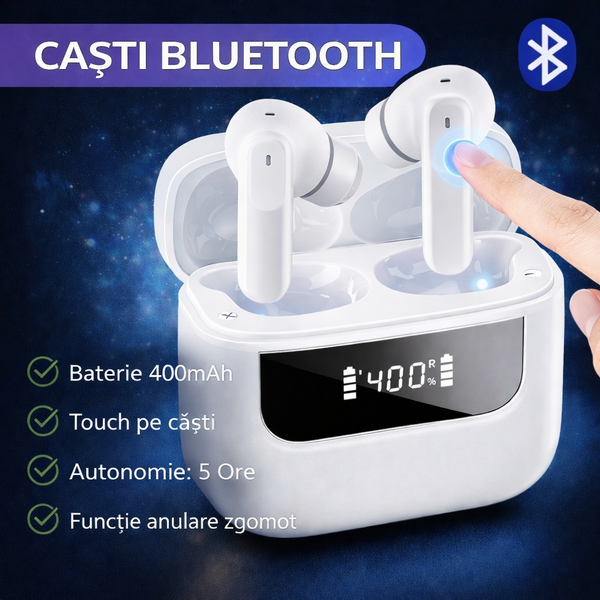 Casti Bluetooth 5.4, Baterie Statie 400mAh, StandBy 150H, Touch pe Casti, Respingere/Raspundere Apel VNC-310, Alb