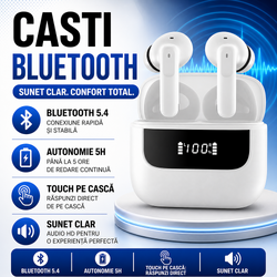 Casti Bluetooth 5.4, Baterie Statie 400mAh, StandBy 150H, Touch pe Casti, Respingere/Raspundere Apel VNC-310, Alb