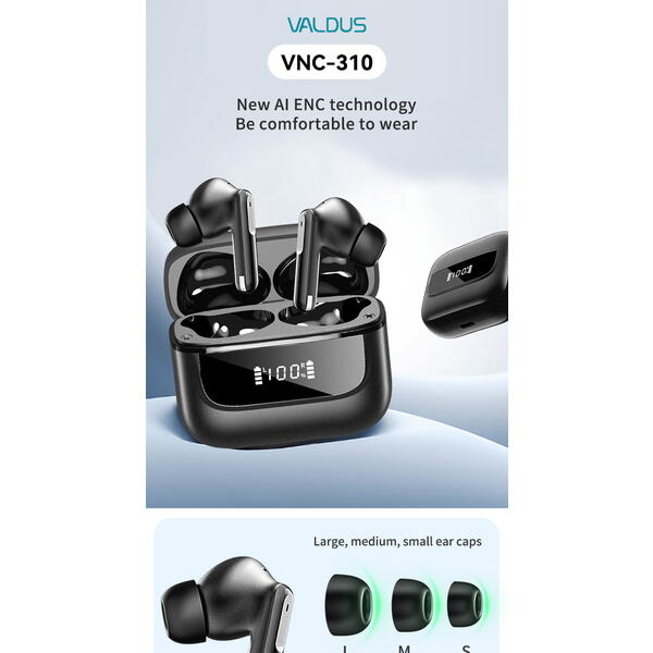 Casti Bluetooth 5.4, Baterie Statie 400mAh, StandBy 150H, Touch pe Casti, Respingere/Raspundere Apel VNC-310, Negru