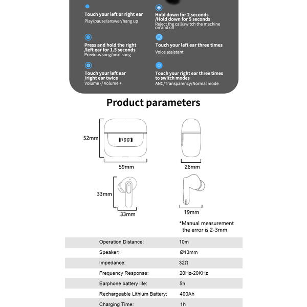 Casti Bluetooth 5.4, Baterie Statie 400mAh, StandBy 150H, Touch pe Casti, Respingere/Raspundere Apel VNC-310, Negru