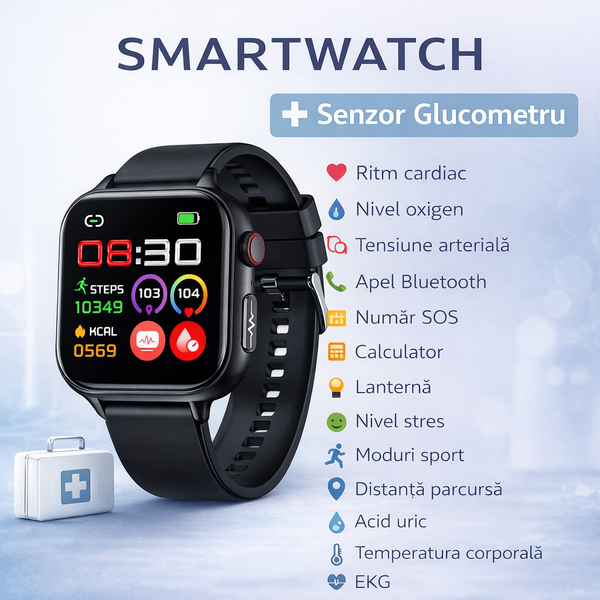 SmartWatch cu Senzor Glucometru, BIA, EKG, Ritm Cardiac, Nivel Oxigen, Tensiune Arteriala, Temperatura Corporala, Acid Uric, Calculator S859
