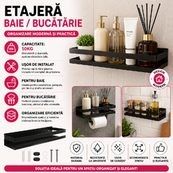 Raft de baie sau Bucatarie, Otel inoxidabil, Capacitate maxima suportata 10 kg, Dimensiuni 6 x 50 x 10.5 cm, Negru