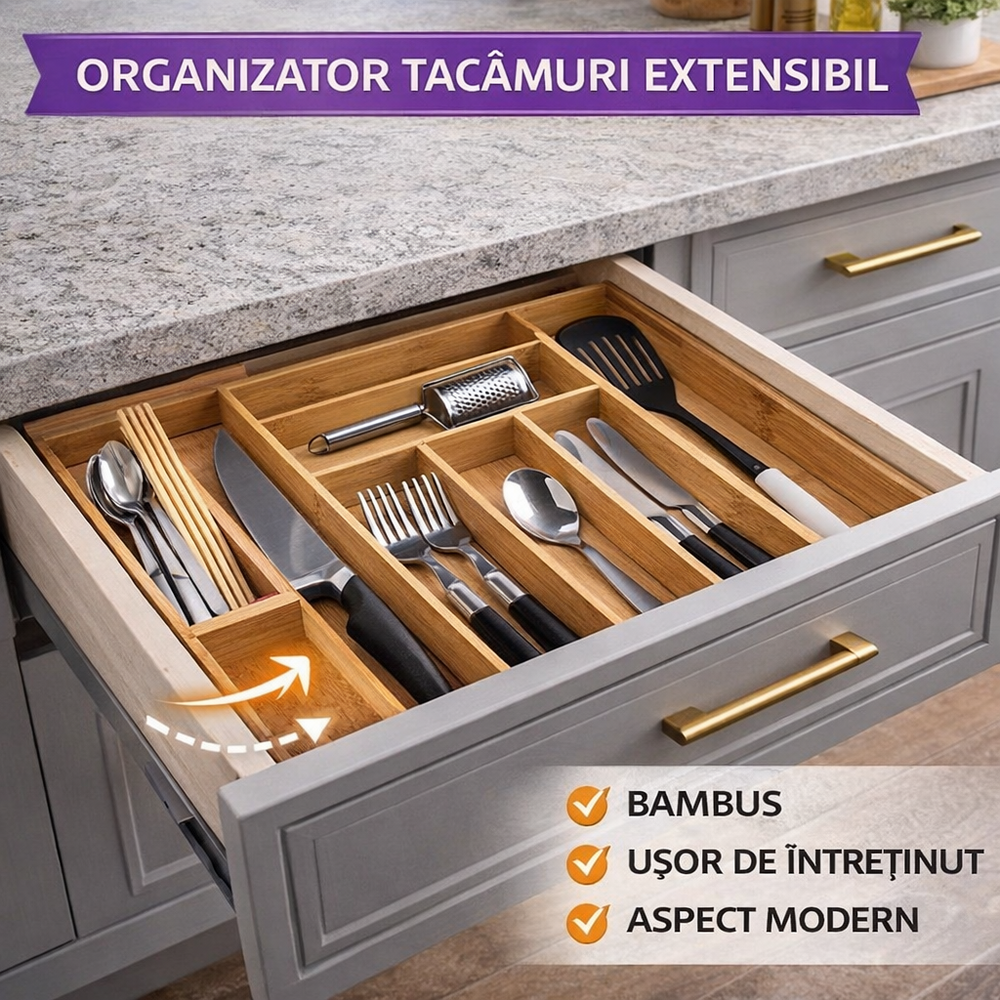 SMARTECH Organizator extensibil tacamuri si ustensile de bucatarie,  Bambus, 6-8 compartimente, Design elegant, 50 x 45.5 x 5 cm