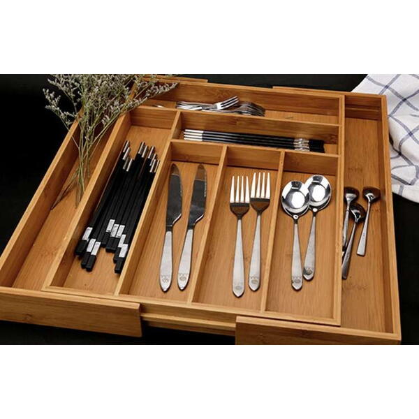 Organizator extensibil tacamuri si ustensile de bucatarie,  Bambus, 6-8 compartimente, Design elegant, 50 x 45.5 x 5 cm