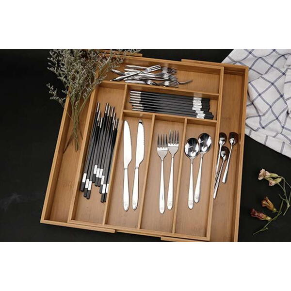 Organizator extensibil tacamuri si ustensile de bucatarie,  Bambus, 6-8 compartimente, Design elegant, 50 x 45.5 x 5 cm