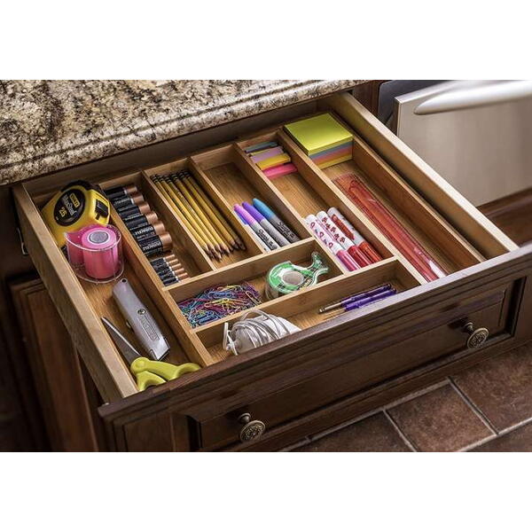 Organizator extensibil tacamuri si ustensile de bucatarie,  Bambus, 6-8 compartimente, Design elegant, 50 x 45.5 x 5 cm