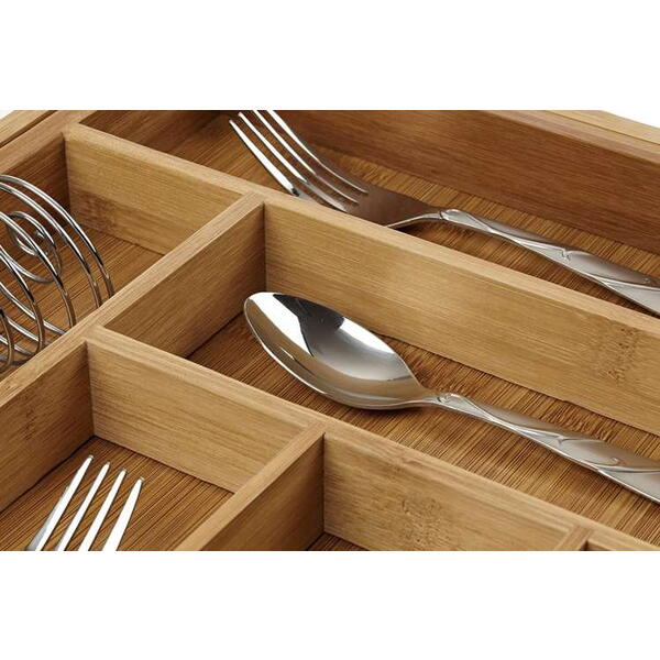 Organizator extensibil tacamuri si ustensile de bucatarie,  Bambus, 6-8 compartimente, Design elegant, 50 x 45.5 x 5 cm