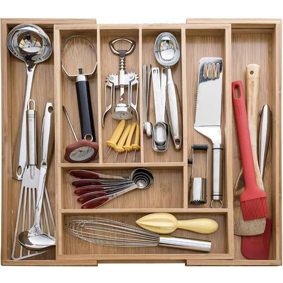 Organizator extensibil tacamuri si ustensile de bucatarie,  Bambus, 6-8 compartimente, Design elegant, 50 x 45.5 x 5 cm
