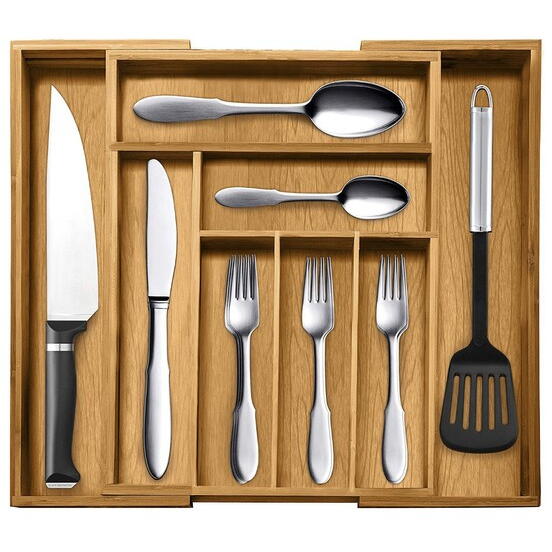 Organizator extensibil tacamuri si ustensile de bucatarie,  Bambus, 6-8 compartimente, Design elegant, 50 x 45.5 x 5 cm