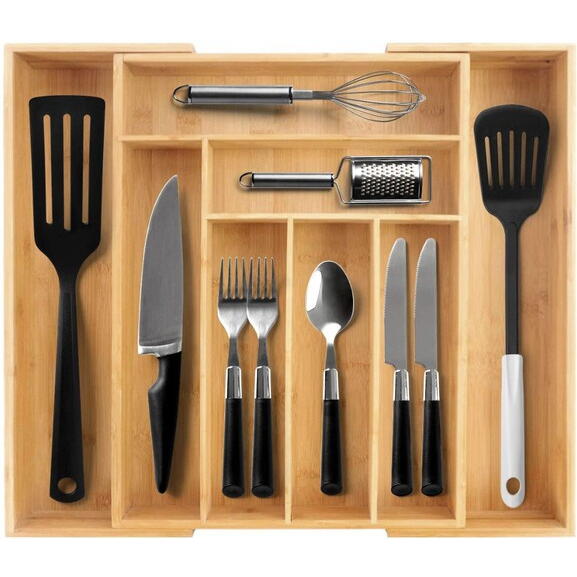Organizator extensibil tacamuri si ustensile de bucatarie,  Bambus, 6-8 compartimente, Design elegant, 50 x 45.5 x 5 cm