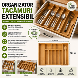 Organizator extensibil tacamuri si ustensile de bucatarie,  Bambus, 6-8 compartimente, Design elegant, 50 x 45.5 x 5 cm
