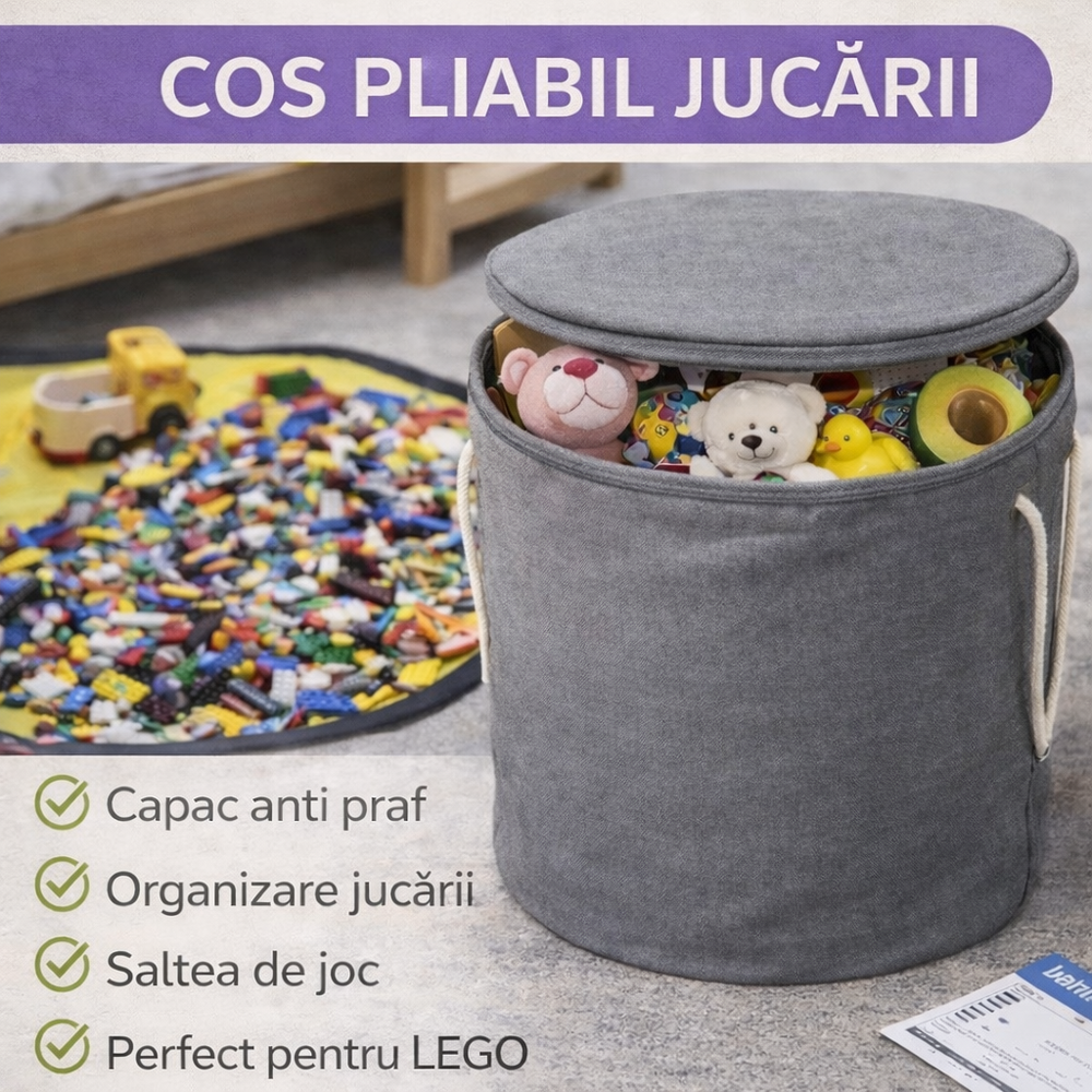 SMARTECH Cos pliabil pentru depozitare jucarii sau haine, Organizare Jucarii, Cu saltea de joc, Capac anti praf, 31 x 27 cm