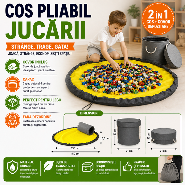Cos pliabil pentru depozitare jucarii sau haine, Organizare Jucarii, Cu saltea de joc, Capac anti praf, 31 x 27 cm