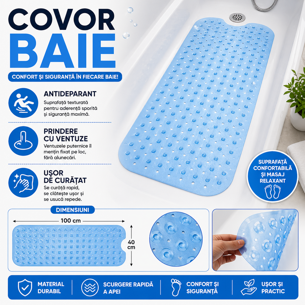 SMARTECH Covoras antiderapant pentru cada si baie, Prindere cu ventuze, Albastru transparent, 100 x 40 cm