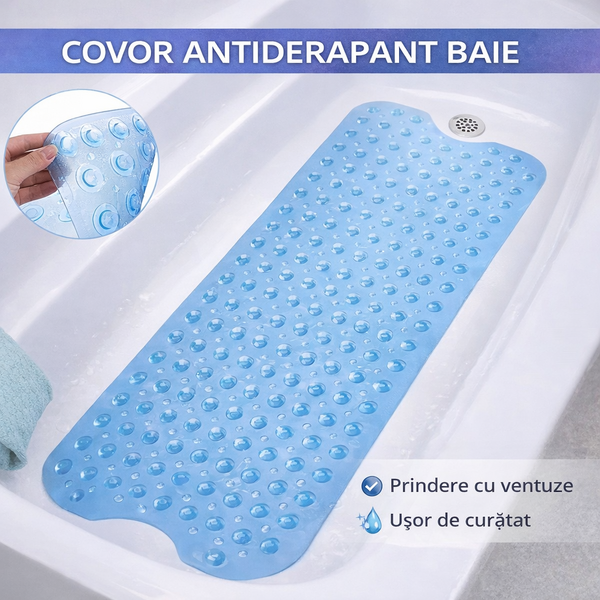 Covoras antiderapant pentru cada si baie, Prindere cu ventuze, Albastru transparent, 100 x 40 cm