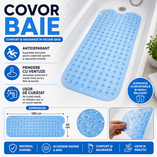 Covoras antiderapant pentru cada si baie, Prindere cu ventuze, Albastru transparent, 100 x 40 cm