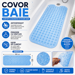 Covoras antiderapant pentru cada si baie, Prindere cu ventuze, Albastru transparent, 100 x 40 cm