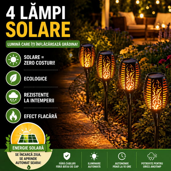 Set 4 Lampi Solare, Autonomie 8 ore, Inaltime 50CM, Rezistenta la intemperii, Design flacara, Clasa de protectie ip65