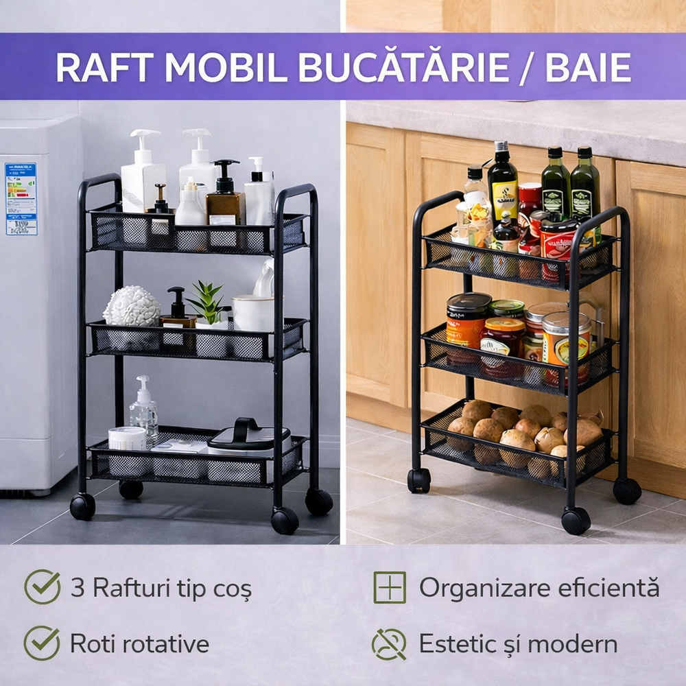 SMARTECH Raft mobil pentru bucatarie sau baie, Organizator, Metalic, 3 rafturi, 2 roti cu blocare, 65 x 25 x 44 x cm, Negru