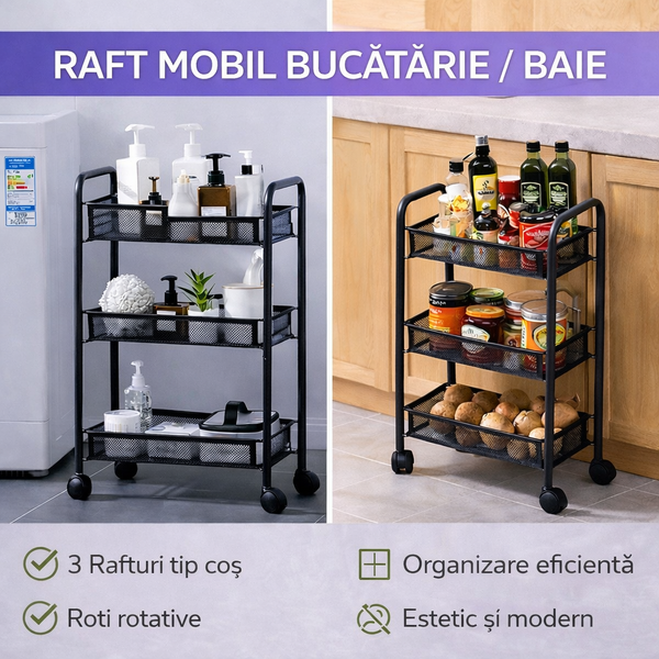 Raft mobil pentru bucatarie sau baie, Organizator, Metalic, 3 rafturi, 2 roti cu blocare, 65 x 25 x 44 x cm, Negru