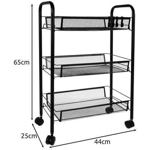 Raft mobil pentru bucatarie sau baie, Organizator, Metalic, 3 rafturi, 2 roti cu blocare, 65 x 25 x 44 x cm, Negru