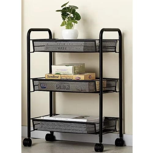 Raft mobil pentru bucatarie sau baie, Organizator, Metalic, 3 rafturi, 2 roti cu blocare, 65 x 25 x 44 x cm, Negru
