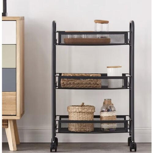 Raft mobil pentru bucatarie sau baie, Organizator, Metalic, 3 rafturi, 2 roti cu blocare, 65 x 25 x 44 x cm, Negru