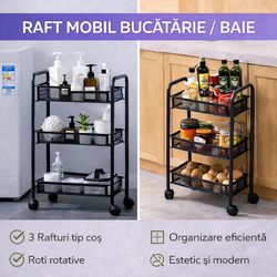 Raft mobil pentru bucatarie sau baie, Organizator, Metalic, 3 rafturi, 2 roti cu blocare, 65 x 25 x 44 x cm, Negru