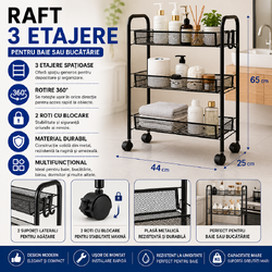 Raft mobil pentru bucatarie sau baie, Organizator, Metalic, 3 rafturi, 2 roti cu blocare, 65 x 25 x 44 x cm, Negru