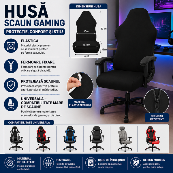 Husa pentru scaun de gaming si birou, Universala, Material elastic si moale, Montaj rapid, Protectie impotriva uzurii, Negru