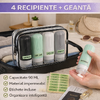 Set 4 recipiente de calatorie, Capacitate 90 ml, Inchidere etansa, Autocolante incluse, Geanta depozitare, PVC/silicon
