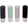 Set 4 recipiente de calatorie, Capacitate 90 ml, Inchidere etansa, Autocolante incluse, Geanta depozitare, PVC/silicon