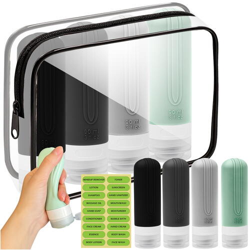 Set 4 recipiente de calatorie, Capacitate 90 ml, Inchidere etansa, Autocolante incluse, Geanta depozitare, PVC/silicon