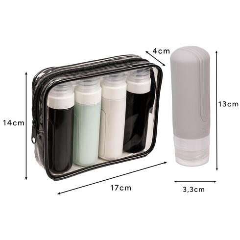 Set 4 recipiente de calatorie, Capacitate 90 ml, Inchidere etansa, Autocolante incluse, Geanta depozitare, PVC/silicon