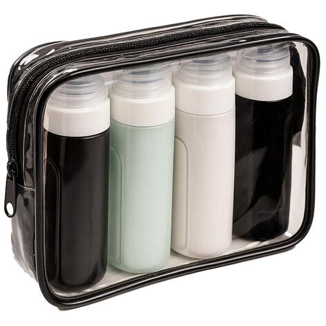 Set 4 recipiente de calatorie, Capacitate 90 ml, Inchidere etansa, Autocolante incluse, Geanta depozitare, PVC/silicon