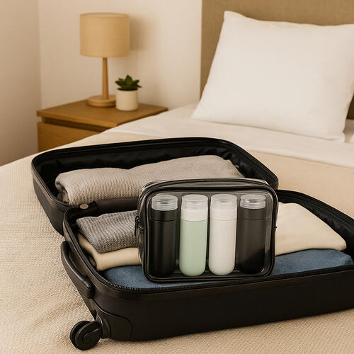 Set 4 recipiente de calatorie, Capacitate 90 ml, Inchidere etansa, Autocolante incluse, Geanta depozitare, PVC/silicon