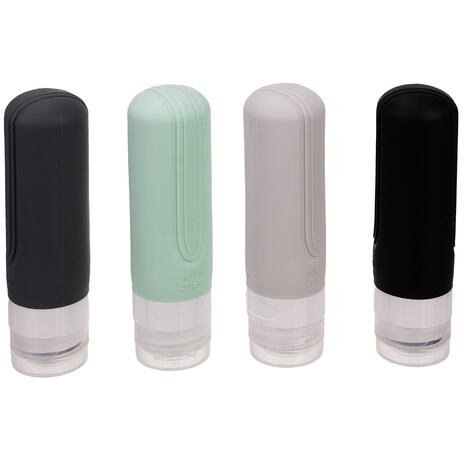 Set 4 recipiente de calatorie, Capacitate 90 ml, Inchidere etansa, Autocolante incluse, Geanta depozitare, PVC/silicon