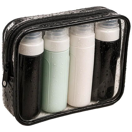Set 4 recipiente de calatorie, Capacitate 90 ml, Inchidere etansa, Autocolante incluse, Geanta depozitare, PVC/silicon