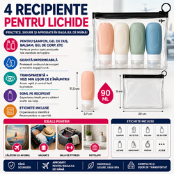 Set 4 recipiente de calatorie, Capacitate 90 ml, Inchidere etansa, Autocolante incluse, Geanta depozitare, PVC/silicon
