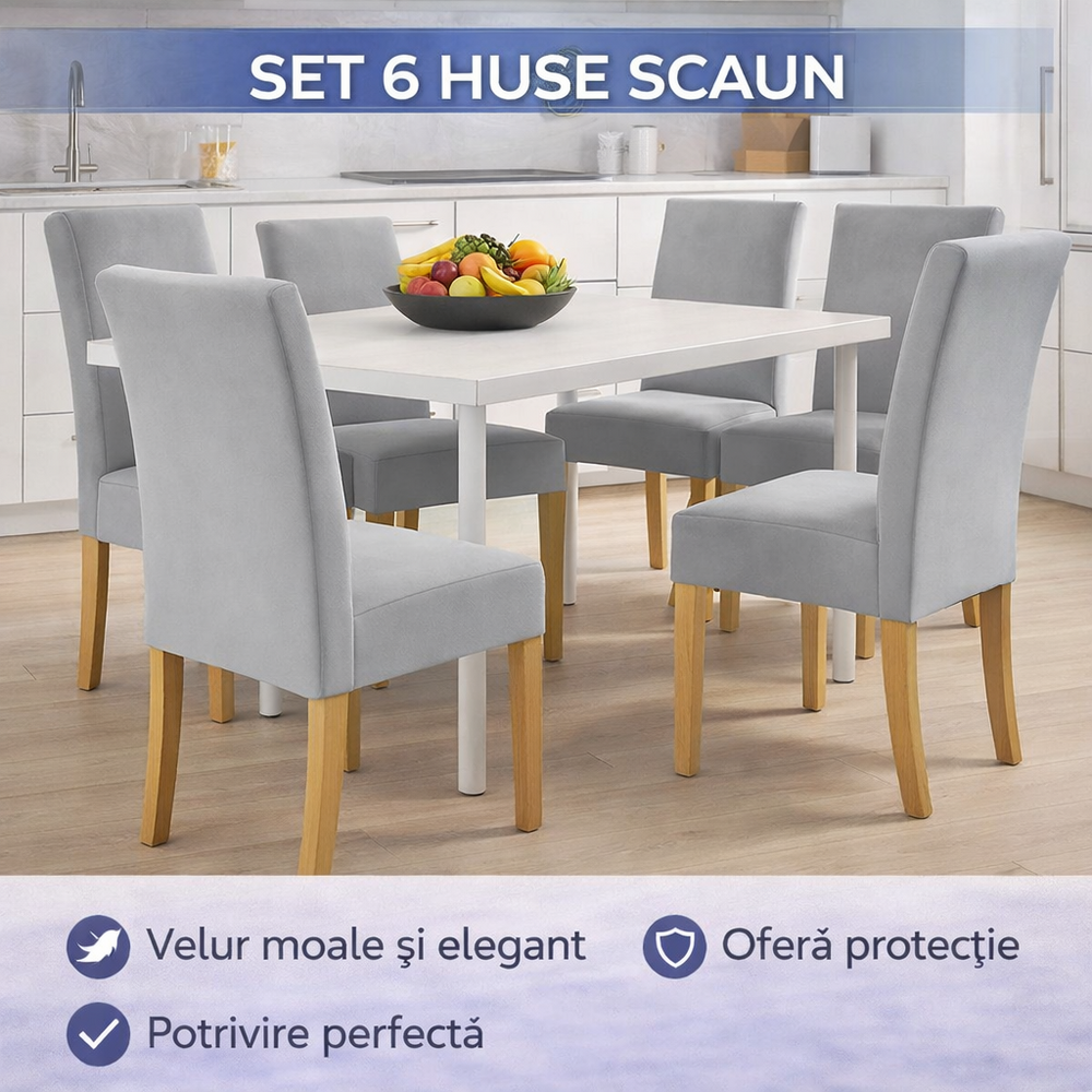 SMARTECH Set 6 Husa Pentru Scaun, 65x40x35 cm, Catifea, Elastic, Protectie Impotriva Murdariei, Spalare La Masina La 30 De Grade, Gri
