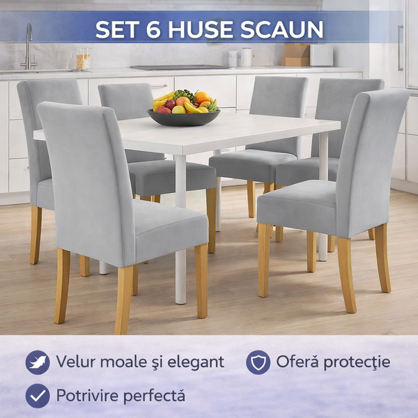 Set 6 Husa Pentru Scaun, 65x40x35 cm, Catifea, Elastic, Protectie Impotriva Murdariei, Spalare La Masina La 30 De Grade, Gri