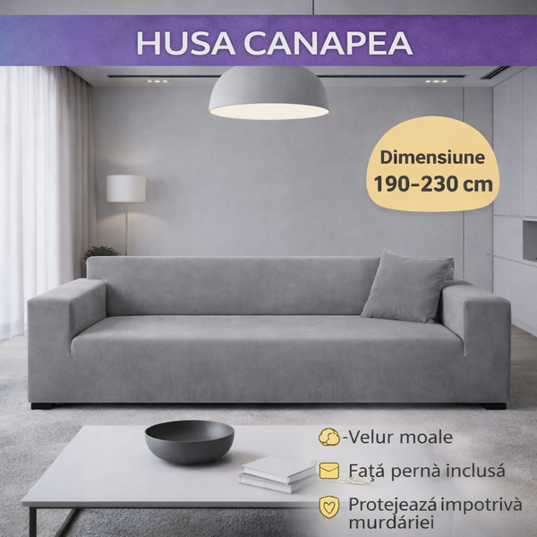 Husă elastică din catifea pentru canapea 190-230 cm, Impermeabila + față de pernă