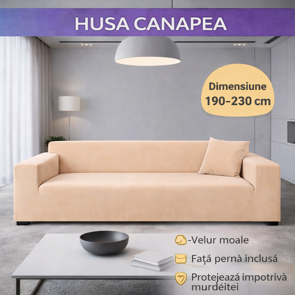Husă elastică din catifea pentru canapea 190-230 cm, Impermeabila + față de pernă