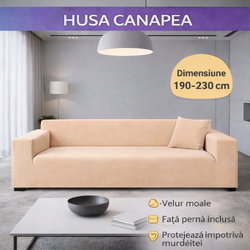Husă elastică din catifea pentru canapea 190-230 cm, Impermeabila + față de pernă