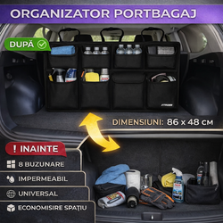 Organizator portbagaj auto, Negru 86.5x48cm, 8 Buzunare, Rezistent la apa