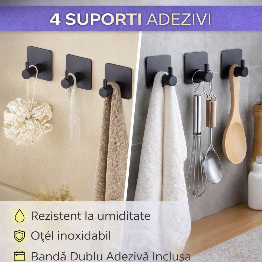 SMARTECH Set 4 Suport cu Adeziv pentru Prosoape, Dimensiuni 4,5 x 4,5 x 2,5 cm, Rezistent la Umiditate, Rugina, Ideal pentru Bucatarie, Baie, Otel Inoxidabil, Sarcina 3 Kg