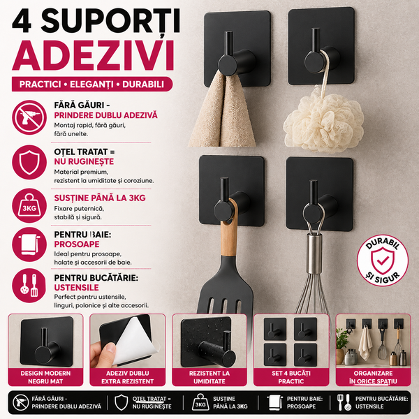 Set 4 Suport cu Adeziv pentru Prosoape, Dimensiuni 4,5 x 4,5 x 2,5 cm, Rezistent la Umiditate, Rugina, Ideal pentru Bucatarie, Baie, Otel Inoxidabil, Sarcina 3 Kg