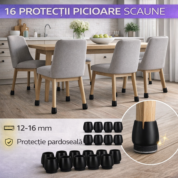 Set protectie pentru picioarele scaunelor, 16 bucati, 12-16 mm, Negru